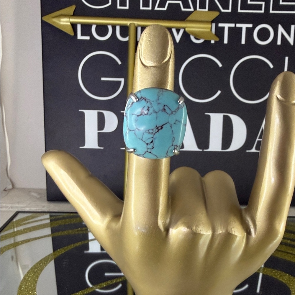 Turquoise Colored Cabochon Silver Split Shank Ring - image 1